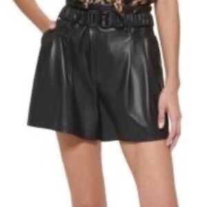 DKNY Women's Faux Leather Pleated Logo Belt Shorts Black